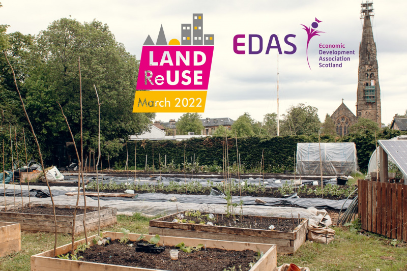Land Reuse Month logo and EDAS logo with raised beds and a church spire at South Seeds, Glasgow - credit Ryan Johnston