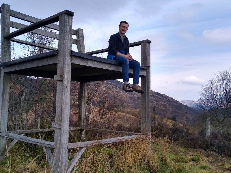 Bruce sits on the Giant' Chair, Cowal, Argyll.
