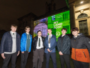 Students from the winning team from Kemnay Academy pose in front of their film projected onto the Scottish National Gallery of Modern Art building. Credit: Adam Kenrick.